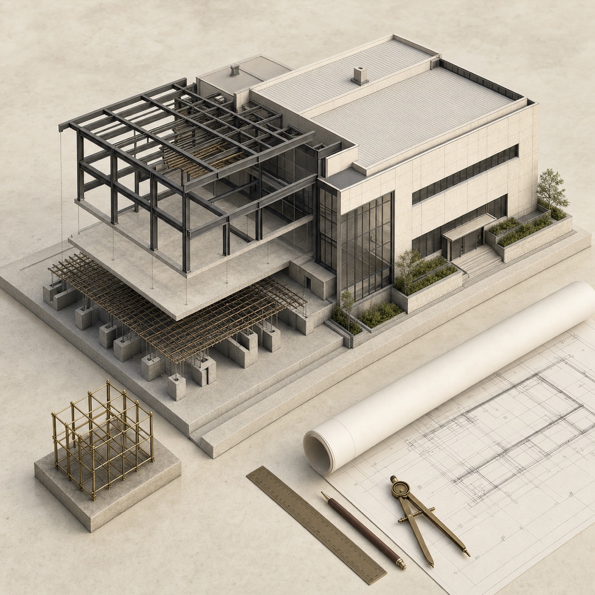 Exploded architectural model showing integrated design and construction