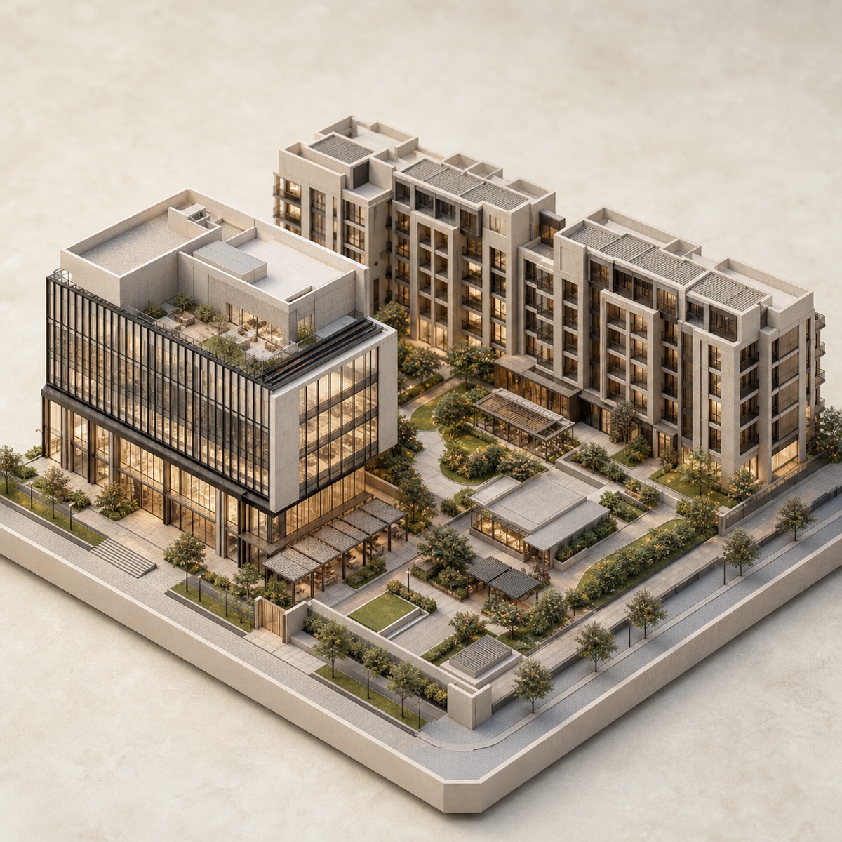 Architectural model of a contemporary mixed-use development